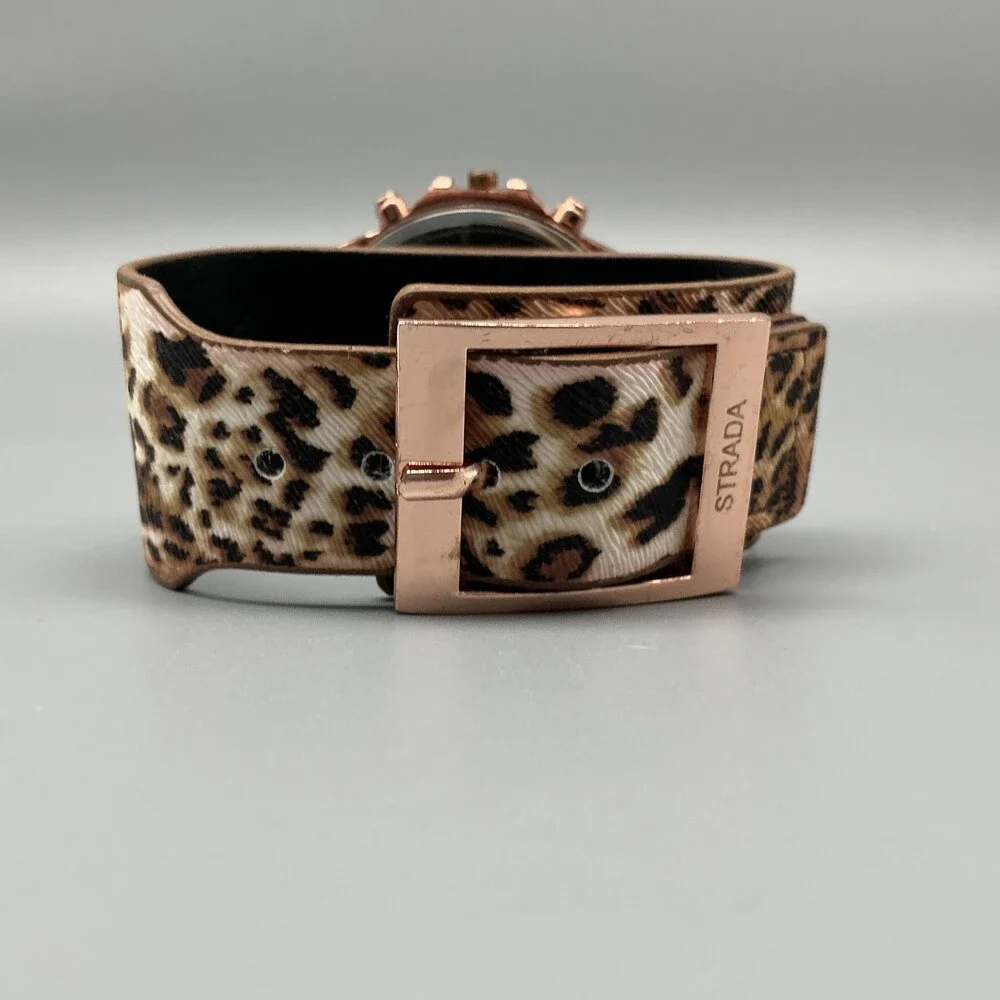 Strada Womens Watch 45mm Rose Gold Tone Cheetah Dial Leopard Strap New Battery